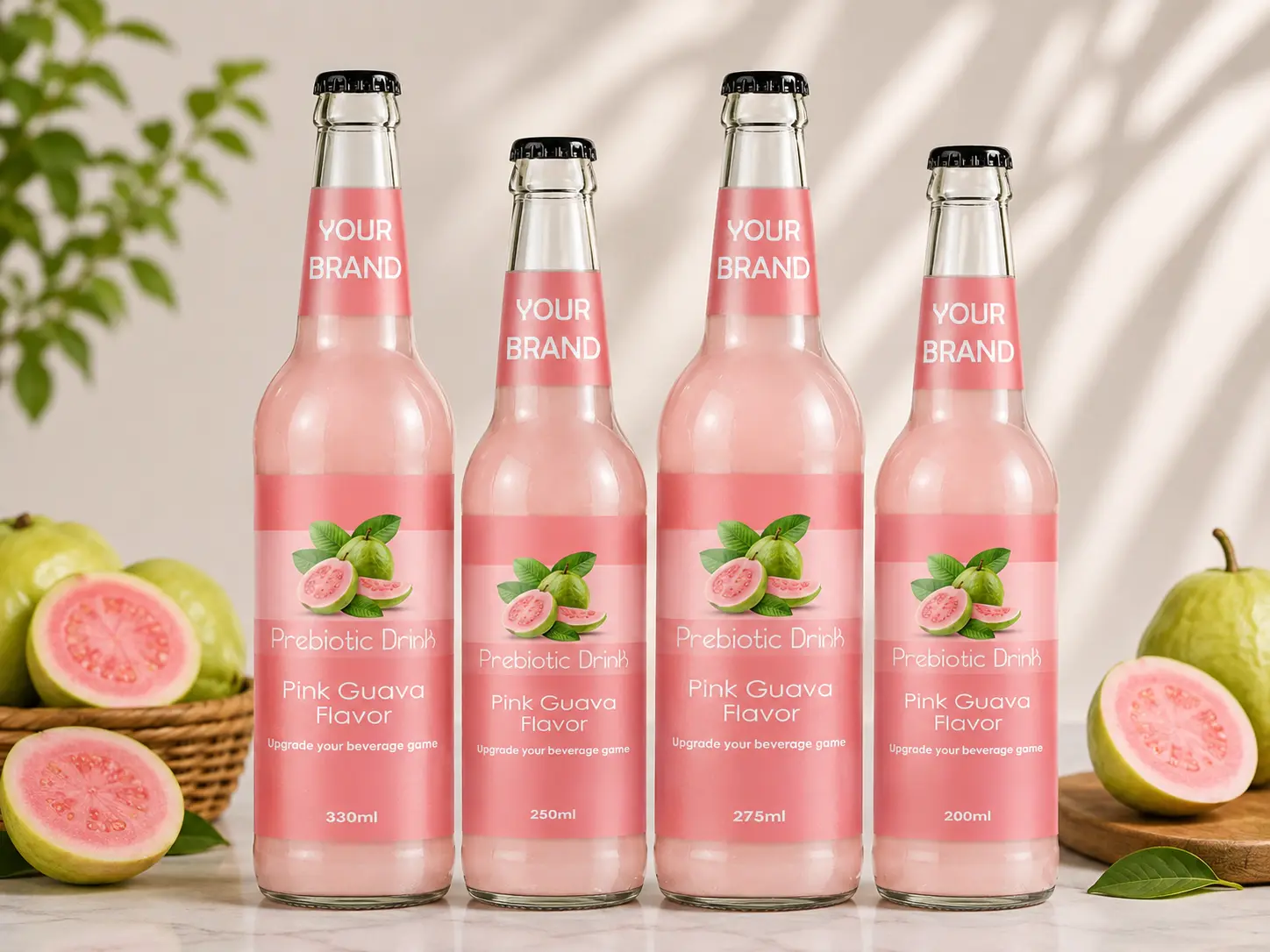 PREBIOTIC DRINK Pink Guava Flavor 330ml, 250ml, 275ml and 200ml glass bottles.